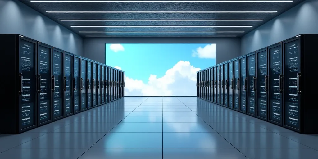a row of servers in a large room with a sky background and a sky background on the wall behind them,