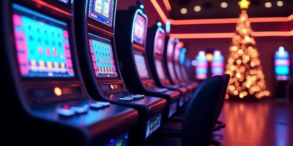 a row of slot machines with neon lights on them in a casino room with a christmas tree in the backgr