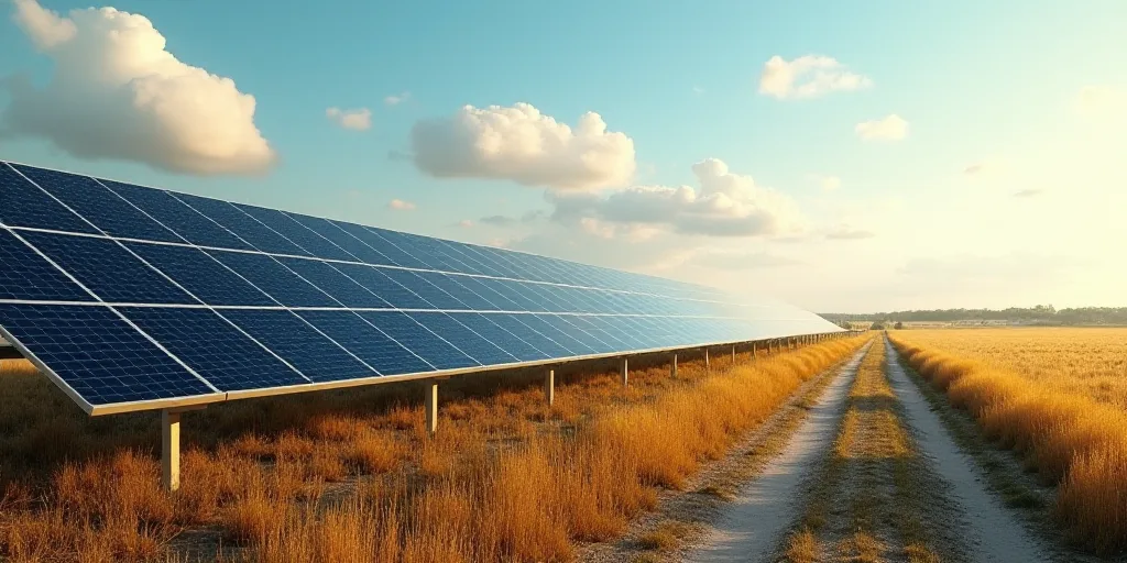 a row of solar panels on a farm with a sky background and a dirt road running through the field, Év