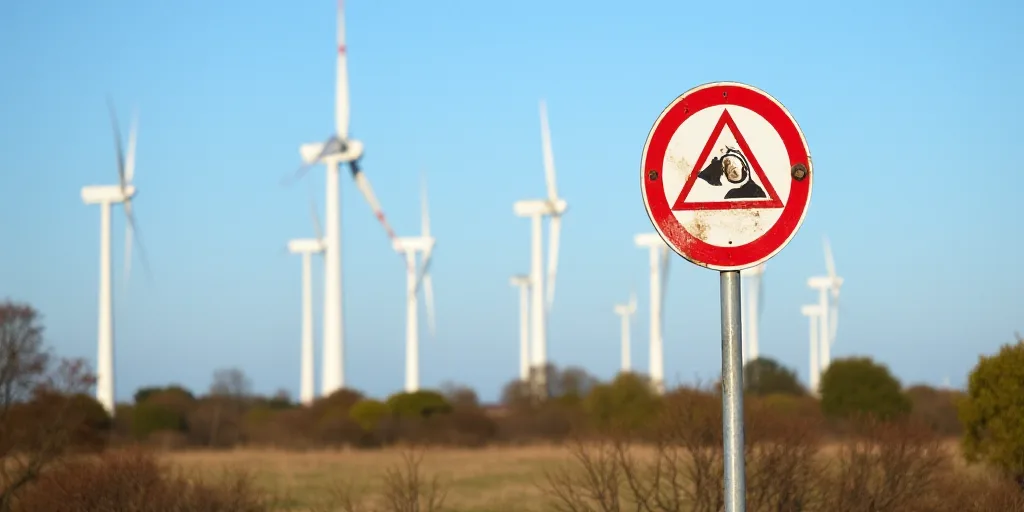 a row of wind turbines in a field of trees and bushes with a blue sky in the background and a red an