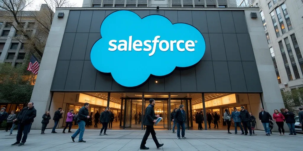 a salesforce sign on a building with people walking by it and a man walking by it with a laptop, Bri