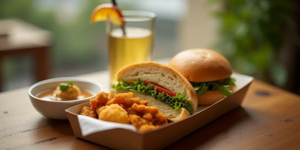 a sandwich and some fried food in a box next to a drink on a table with a cup of soup, Anne Said, he