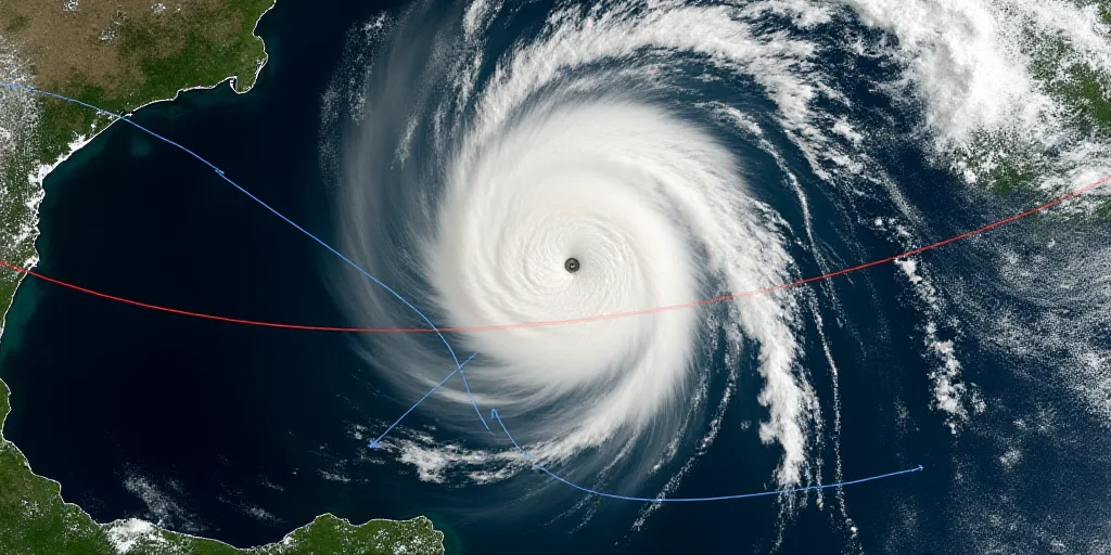 a satellite image of a hurricane with a line of red and blue lines in the middle of the image, Aquir
