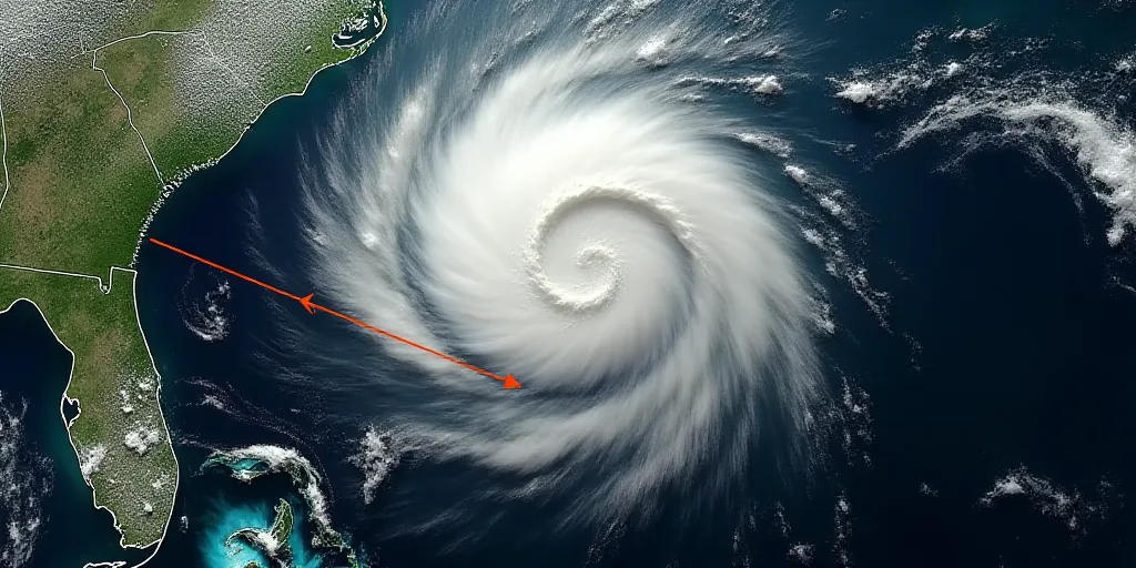 a satellite image of a storm in the ocean with a line of red arrows pointing to the top of the image