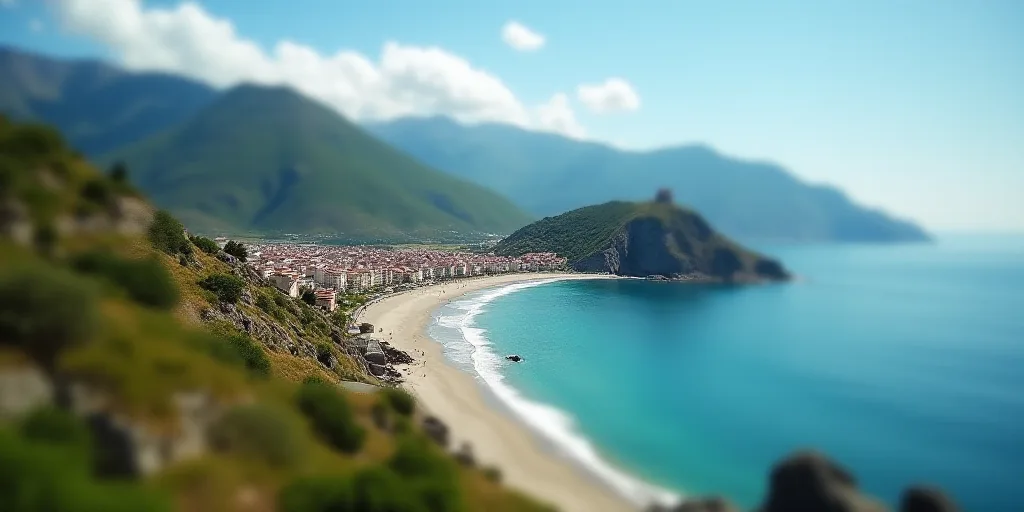 a scenic view of a beach and a cliff side town on the ocean shore with a mountain in the background,