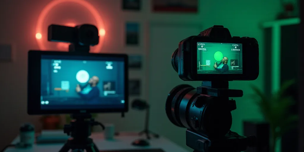 a screen with a camera and a video camera on it and a screen with a green circle on it, Basuki Abdul