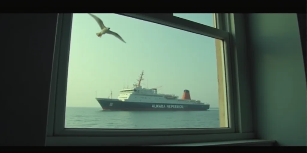 a ship is seen through a window with a bird flying by it and a sign that says inclasshed, Almada Neg