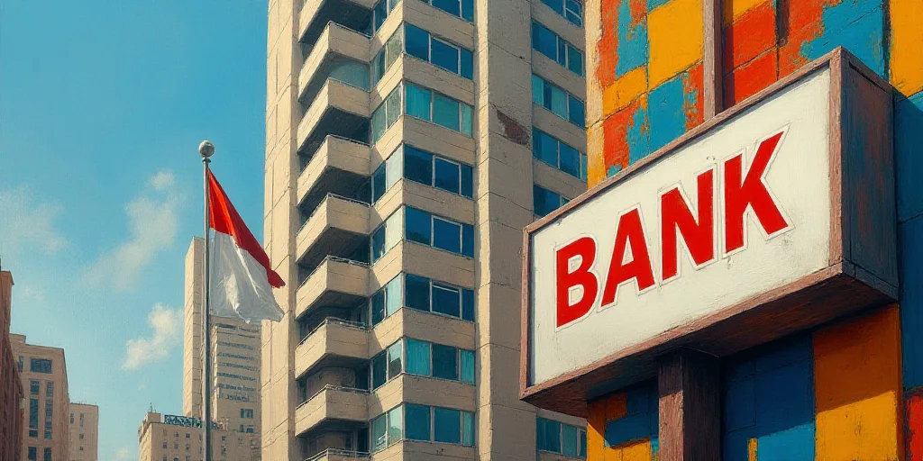 a sign for a bank in front of a tall building with flags flying in the wind in the city, Federico Ur