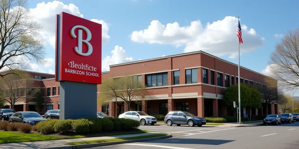 a sign for a building with a large b logo on it's side of the street with cars driving by, Everett W