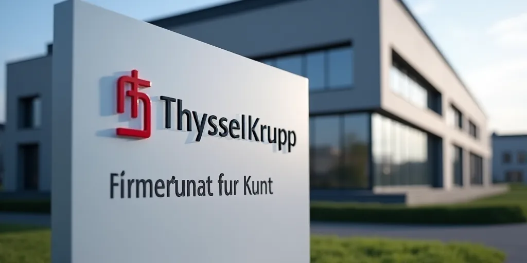a sign for a company that sells thyssenkrupp products in germany, with a building in the background,