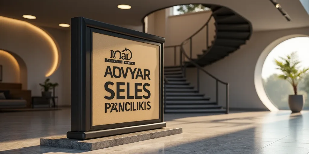 a sign for a company that sells products in a building with a staircase in the background and a circ