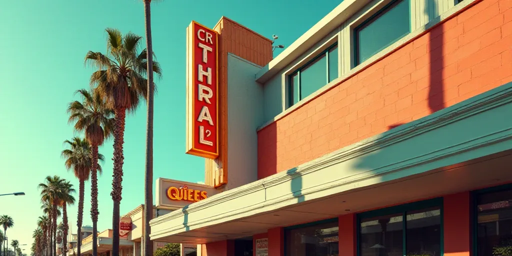a sign for a restaurant on a building in a city street with palm trees in the background and a build