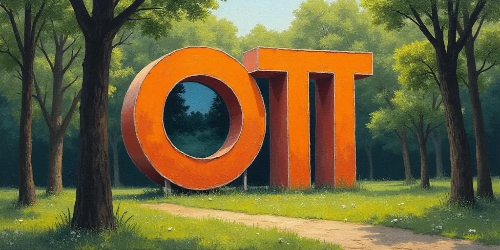 a sign for the ott in a park with trees in the background and a circular window in the center, Brige
