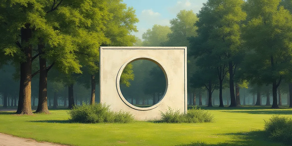a sign for the ott in a park with trees in the background and a circular window in the center, Brige
