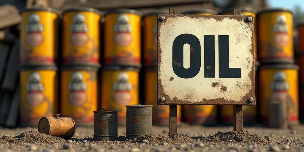 a sign is in front of a large stack of oil cans and cans of oil are in the background, Constant Perm