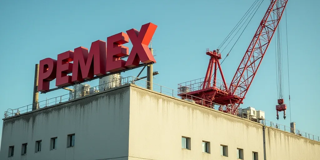 a sign on a building that says pemex on it's side and a red crane behind it, Constant Permeke, oil,