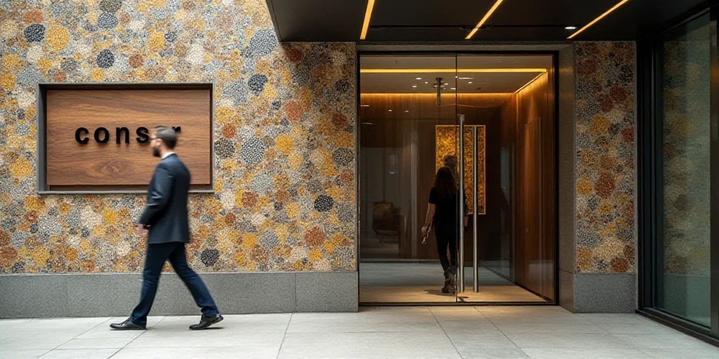a sign on a wall that says consar in a building with a glass door and a man walking by, Conrad Marca
