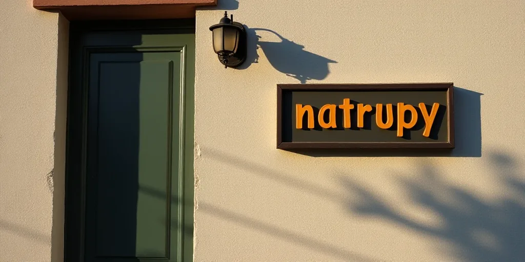 a sign on the side of a building that says natrupy on it and a street light on the side of the build