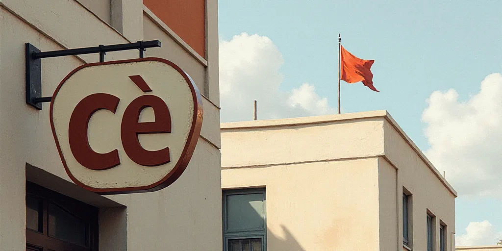 a sign on the side of a building that says cee and a flag flying in the background of the building,