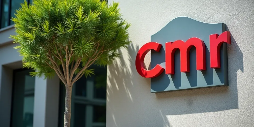 a sign on the side of a building that says cmr on it's side and a tree in front of it, Cui Bai, logo