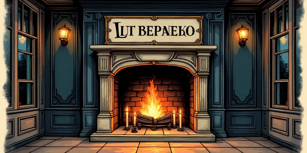 a sign that is above a fireplace in a room with glass walls and a fireplace mantel with candles on i