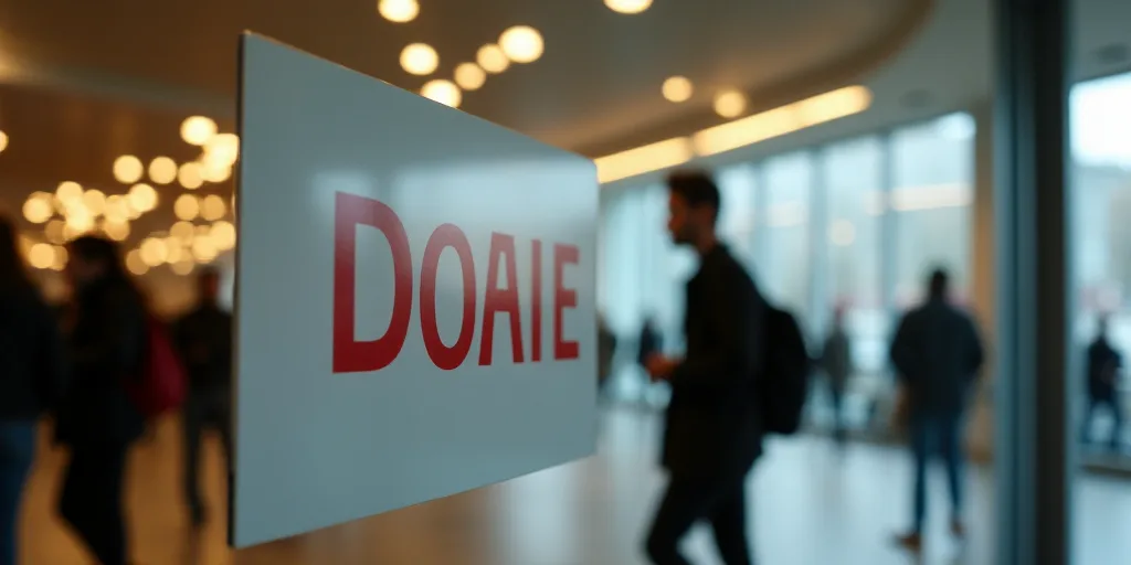 a sign that is on a glass door in a building with people walking by it and a person standing in the