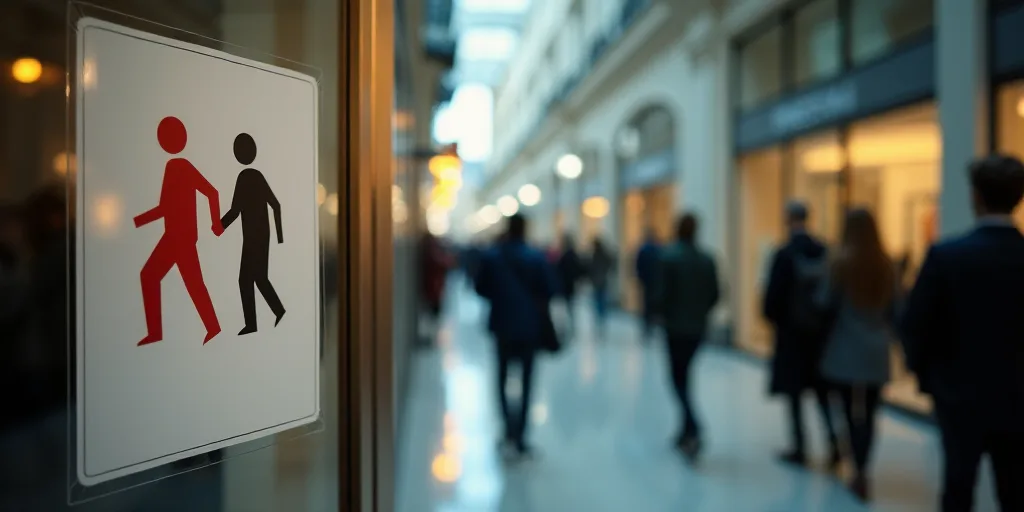 a sign that is on a glass door in a building with people walking by it and a person standing in the