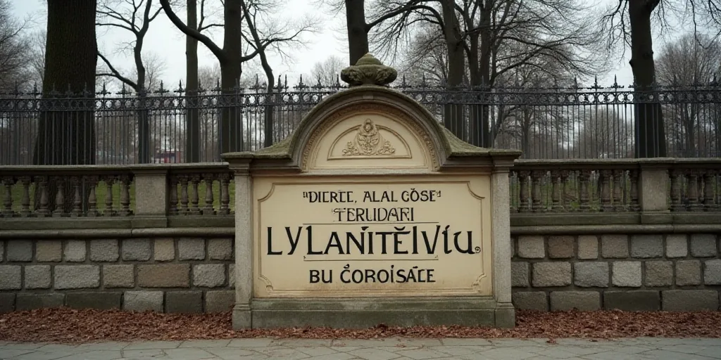 a sign that is on a stone wall near a fence and trees in the background with a fenced in area behind