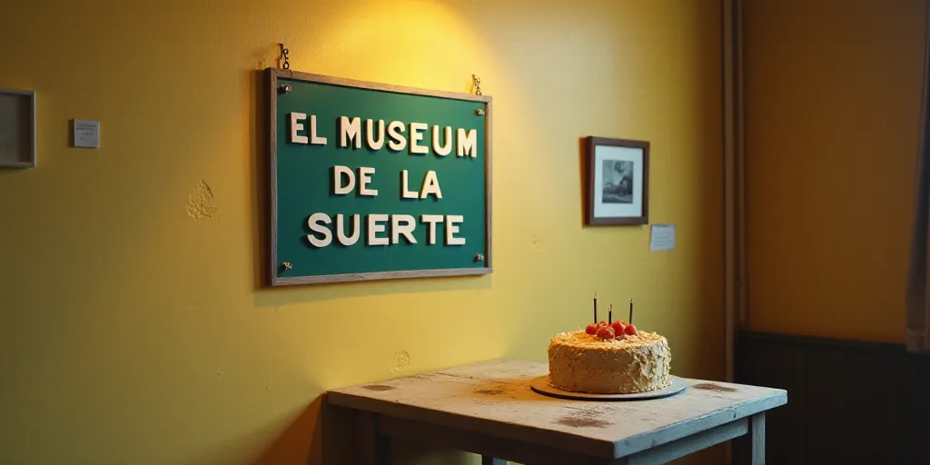a sign that is on a wall near a table with a cake on it and a sign that says el museum de la suerte,