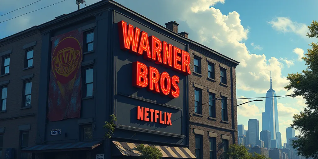 a sign that is on the side of a building that says warner bros, netflix, and the logo for the compan