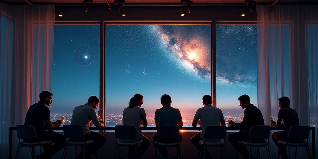 a sign that reads celestial dynamics and a group of people sitting at a table in front of a window,