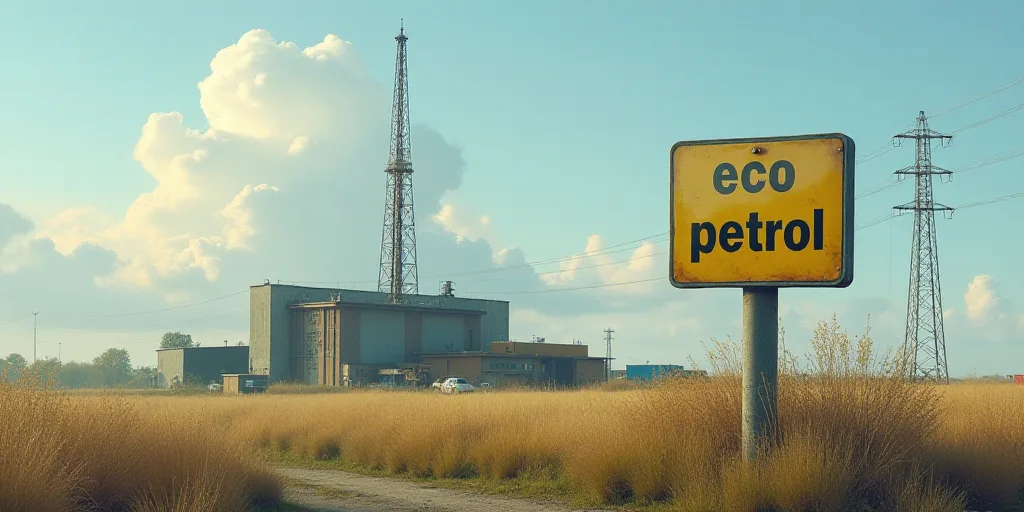 a sign that reads eco petrol on it next to a building with a tower in the background and a sky backg