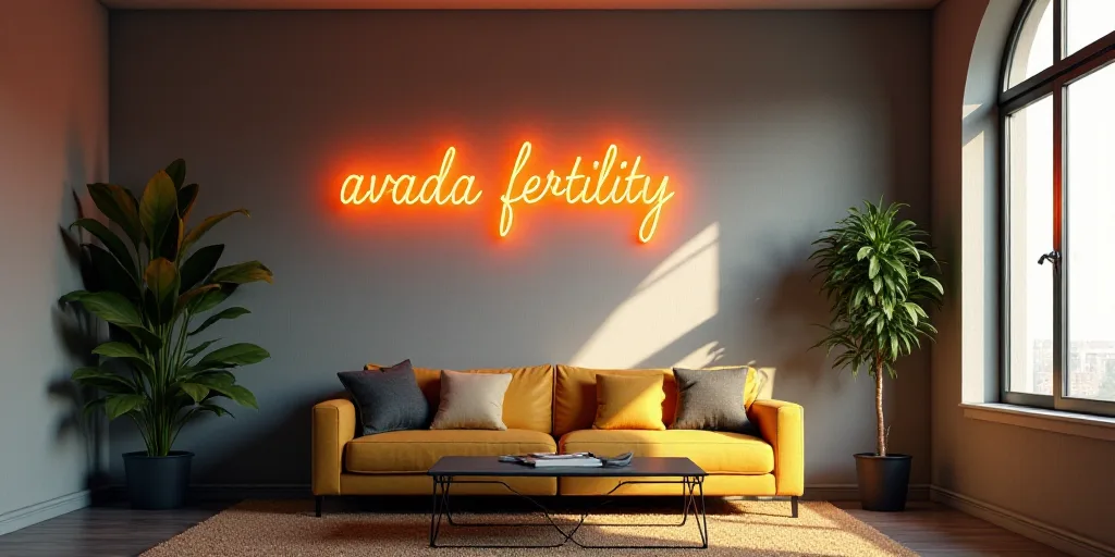 a sign that says avada fertiility on the wall of a room with a couch and a table, Évariste Vital Lu