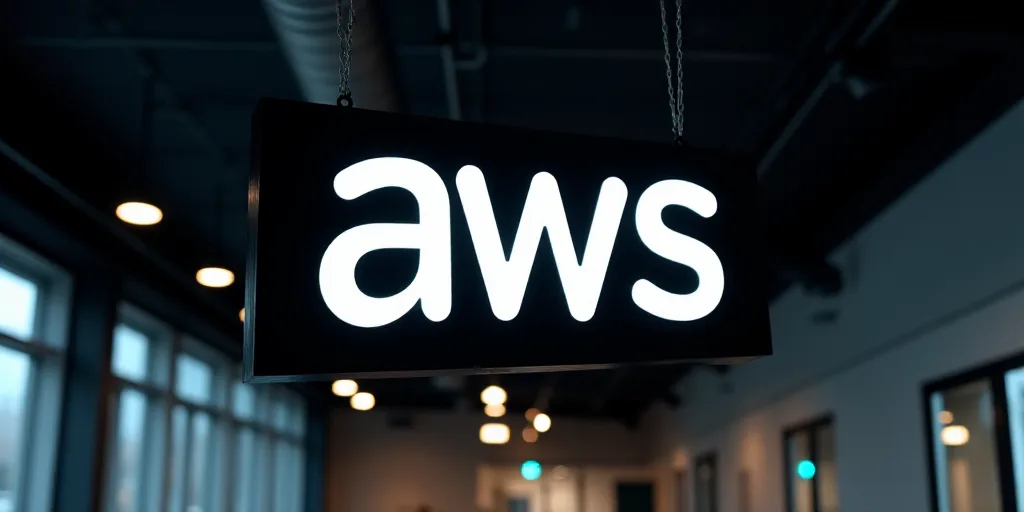 a sign that says aws hanging from a ceiling in a building with a black background and a white aws lo