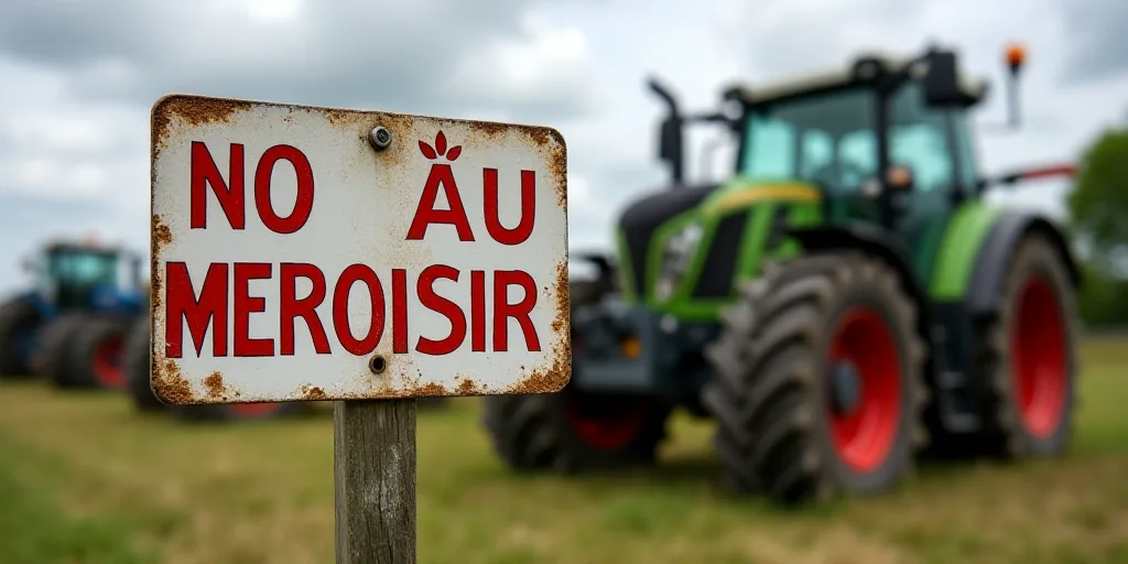 a sign that says no au meroisir on it in front of a tractor and other tractors in the background, Cl