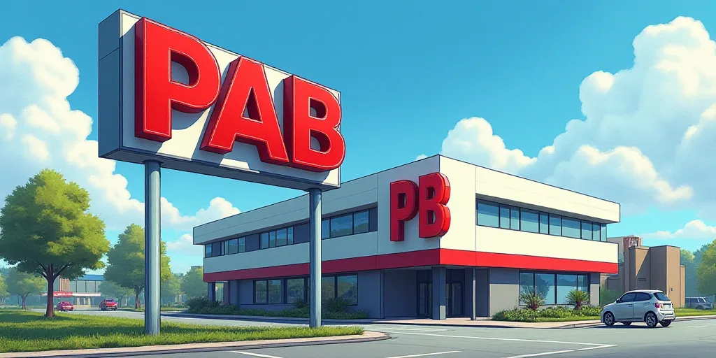 a sign that says pab and a building with a red and white logo on it and a blue sky background, Avgus
