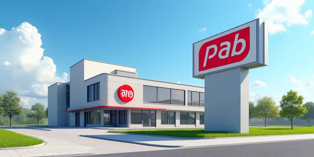 a sign that says pab and a building with a red and white logo on it and a blue sky background, Avgus