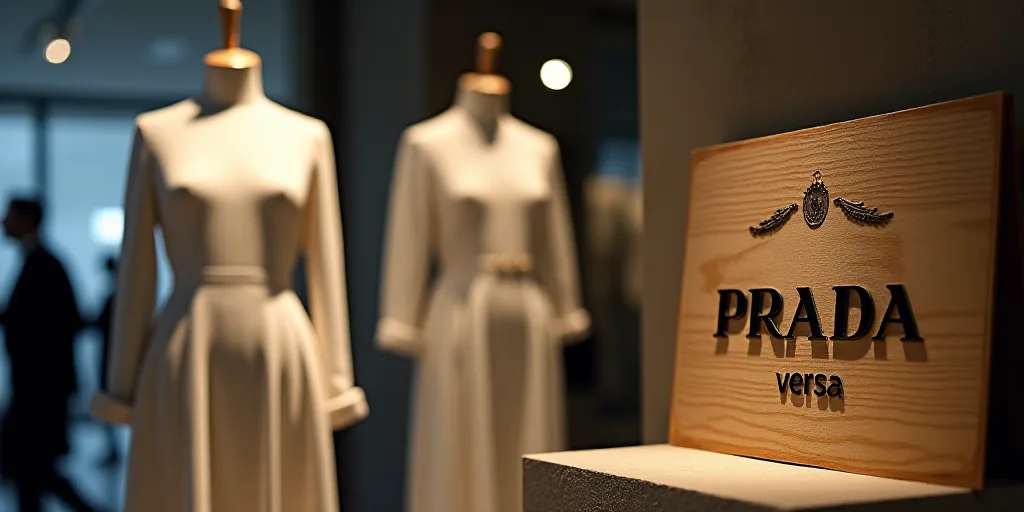 a sign that says prada and versa on it with a mannequin behind it and a cardboard sign that says pra