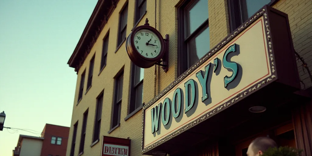 a sign that says woody's on the side of a building with a clock on it's side, Charles H. Woodbury, w