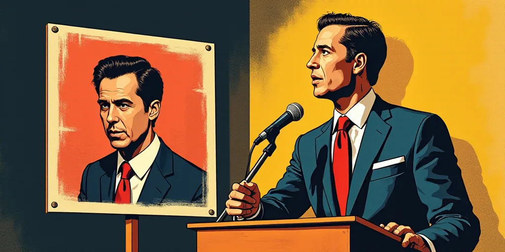 a sign with a picture of a man on it in front of a podium and a podium with a microphone, Felix-Kell