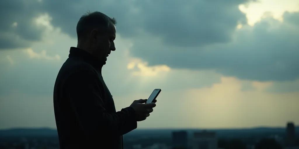 a silhouette of a man holding a cell phone in his hand and looking at it with a cloudy sky behind hi