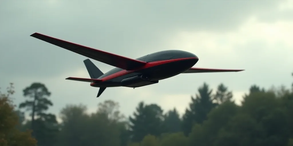 a small black and red flying device in the air with trees in the background and a cloudy sky in the