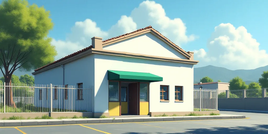 a small white building with a green awning on the front of it and a fence surrounding it and a parki