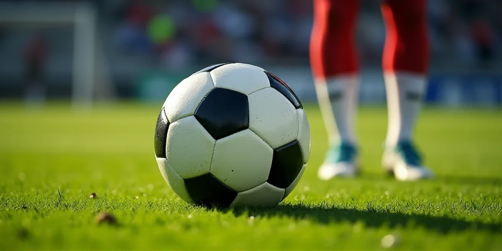 a soccer ball sitting on top of a field next to a person's feet in the background of a photo, Alain