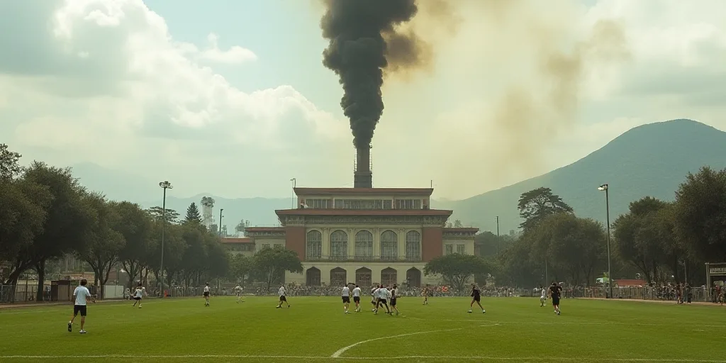 a soccer field with smoke coming out of it and people playing soccer in the field below it and a bui