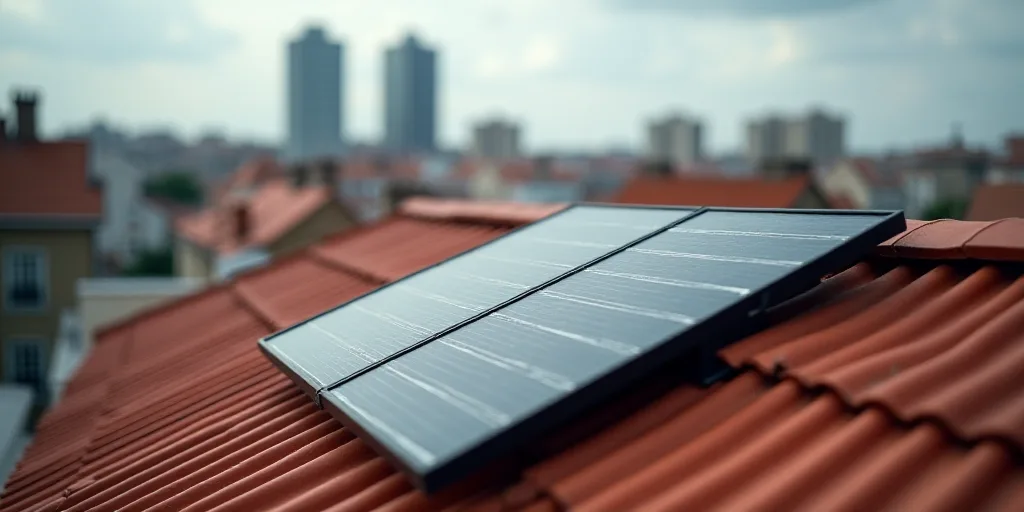 a solar panel on top of a roof in a city setting with buildings in the background and a red roof, É