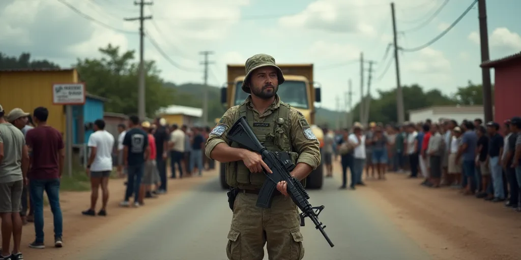a soldier standing in front of a truck with a gun in his hand and people standing around him on the