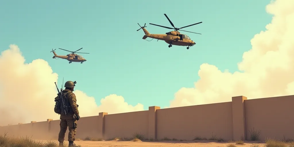 a soldier watches as two helicopters fly overhead in the sky above a wall and a wall barrier with a