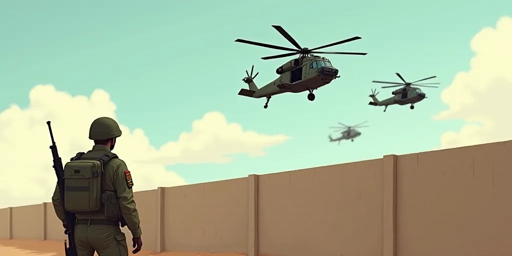 a soldier watches as two helicopters fly overhead in the sky above a wall and a wall barrier with a