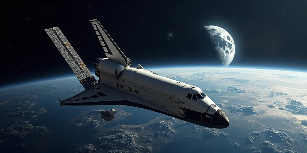 a space shuttle with the moon in the background and a satellite in the foreground with the earth in